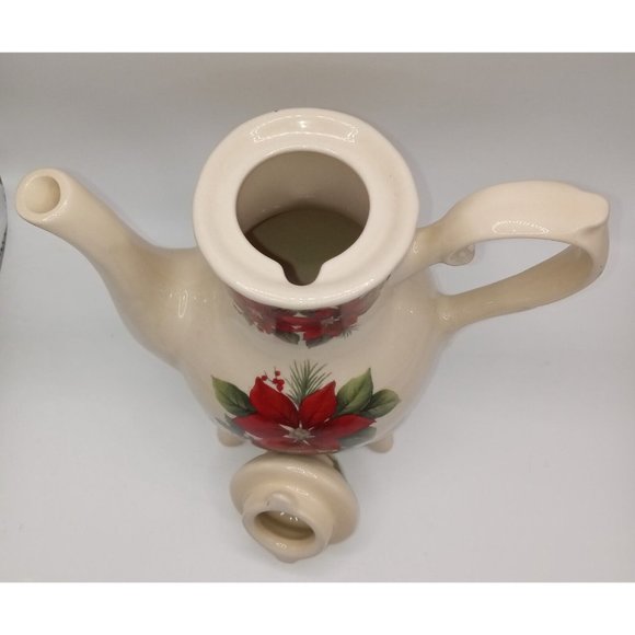 Lily Creek Incomplete Porcelain Tea Set Poinsetta Teapot Creamer Cup 2 Saucers - Picture 10 of 12